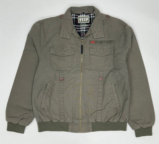 Vintage Flip Skateboards Army Military Style Zip Skateboarding Jacket Medium 24.5x27.25 Inches