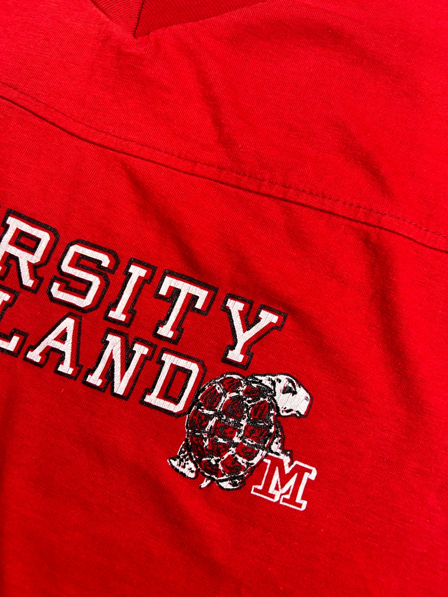 Vintage University of Maryland College Red 3/4 Sleeve Tee Velva Sheen 80s 18.5x25 Inches