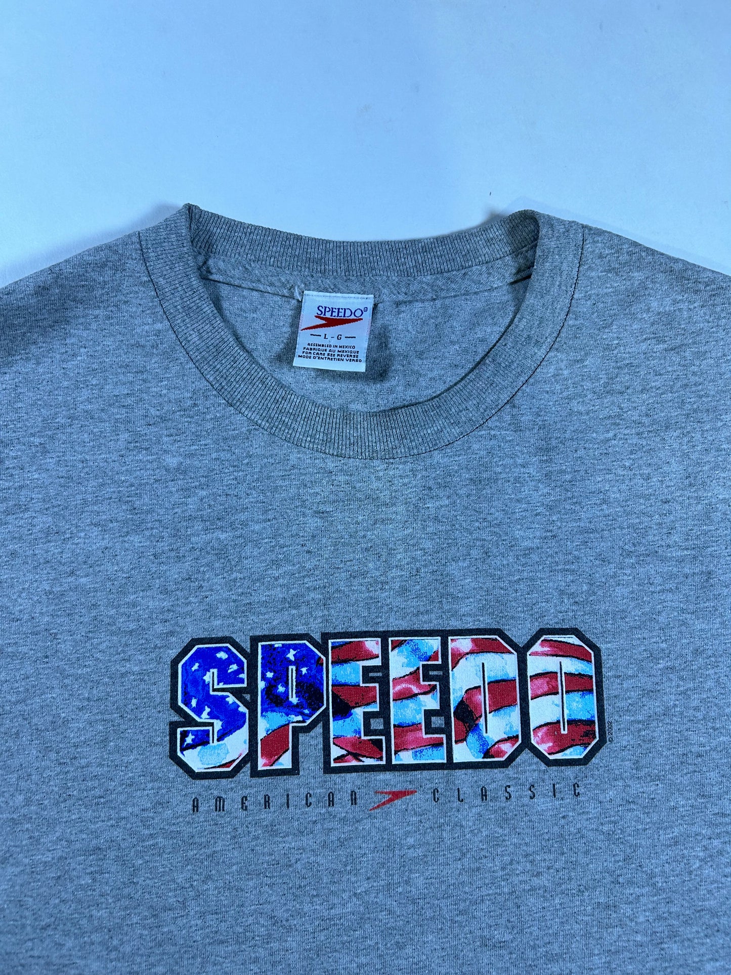 Vintage Speedo American Classic 2002 Authentic Swim T-Shirt Large 21.25x29.75 Inches Gray USA