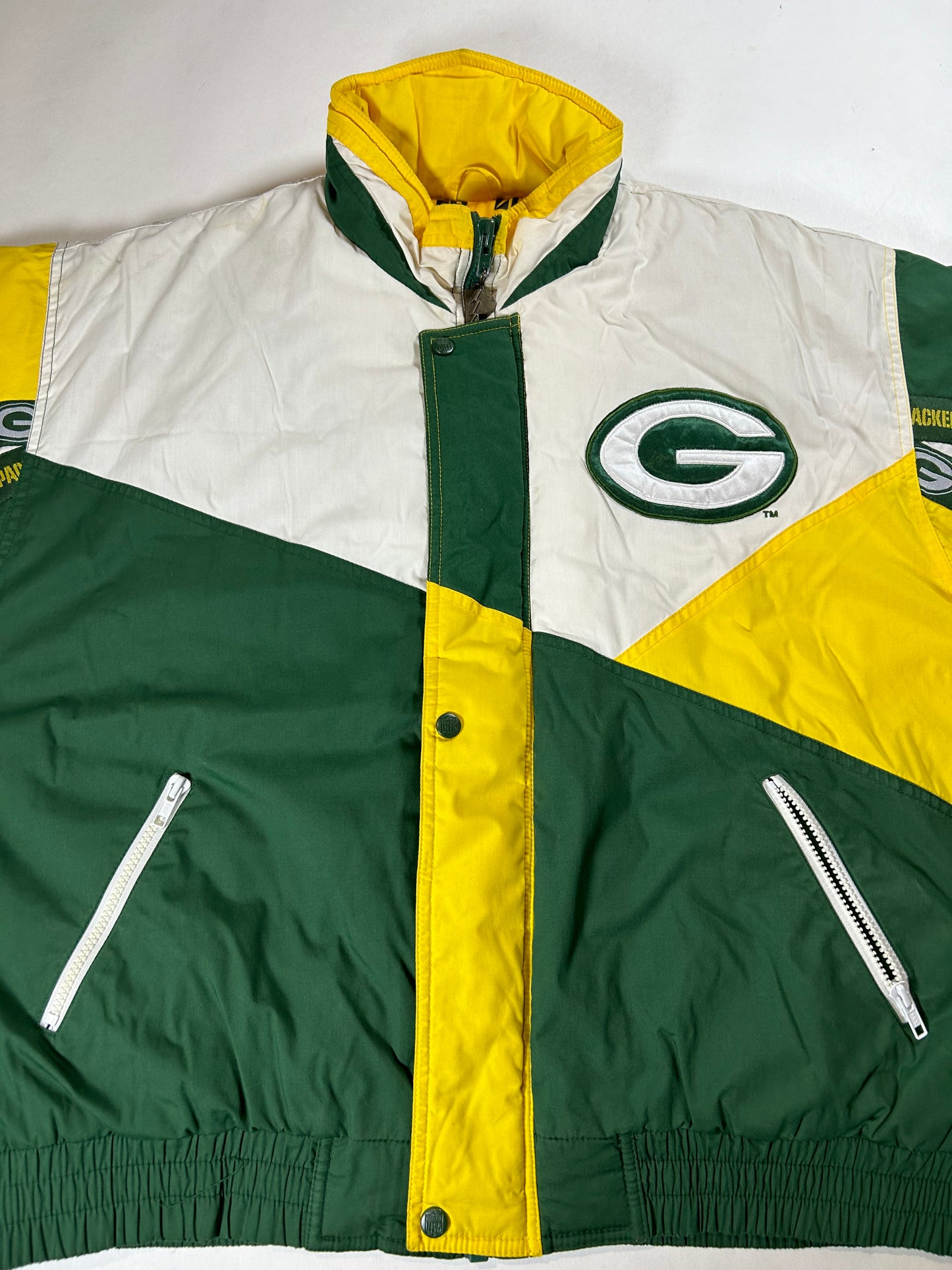 Vintage 90s Pro Player By Daniel Young Green Bay Packers NFL Zip Up Puffer Jacket Large 27.5x28 Inches As Is Has Wear