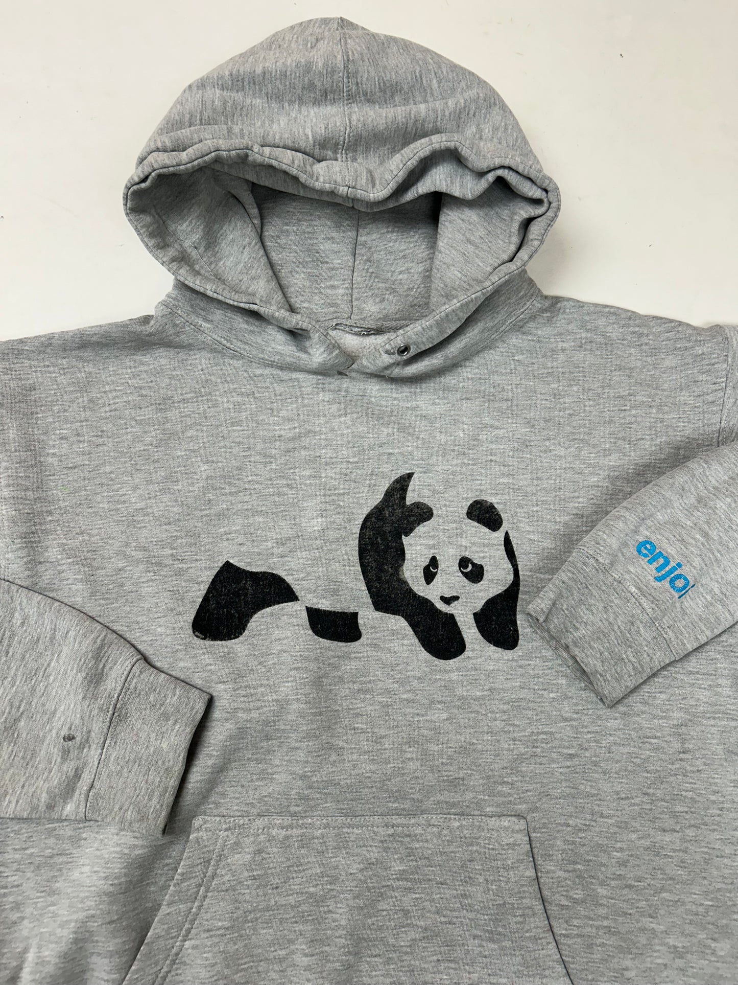 Vintage 00s Enjoi Skateboards Panda Felt Logo Hooded Sweatshirt Worn In As Is 23.75x26 Inches Gray