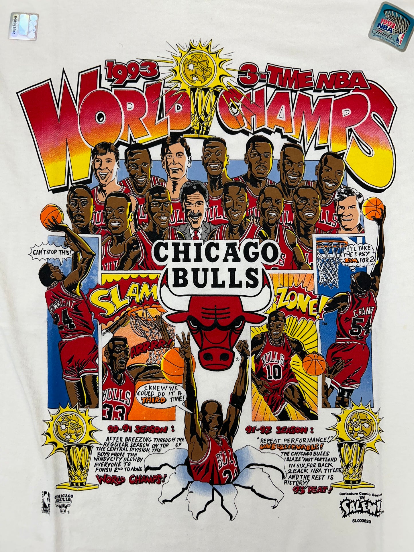 Vintage 1993 Chicago Bulls 3 Time NBA World Champs Caritcure Team Comic Strip Salem Sportswear Tee DS New With Sticker Large