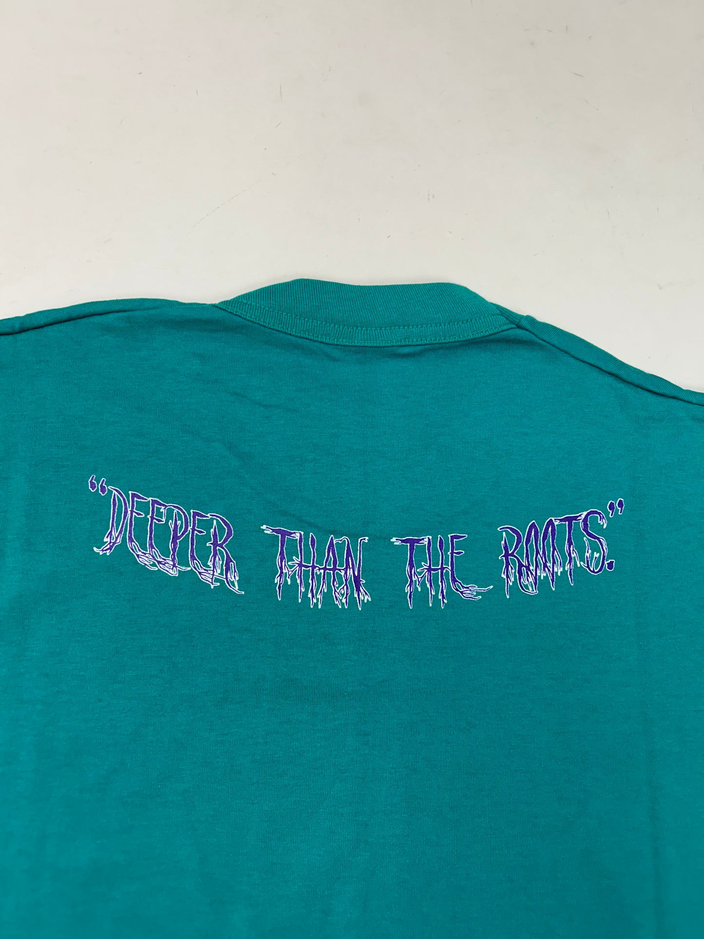 Edgewood NJ first edition “Deeper Than The Roots.” Tee XL 23.5x31.25 Inches FOTL BEST 50/50 Blend USA Aqua Green/Blueish Color