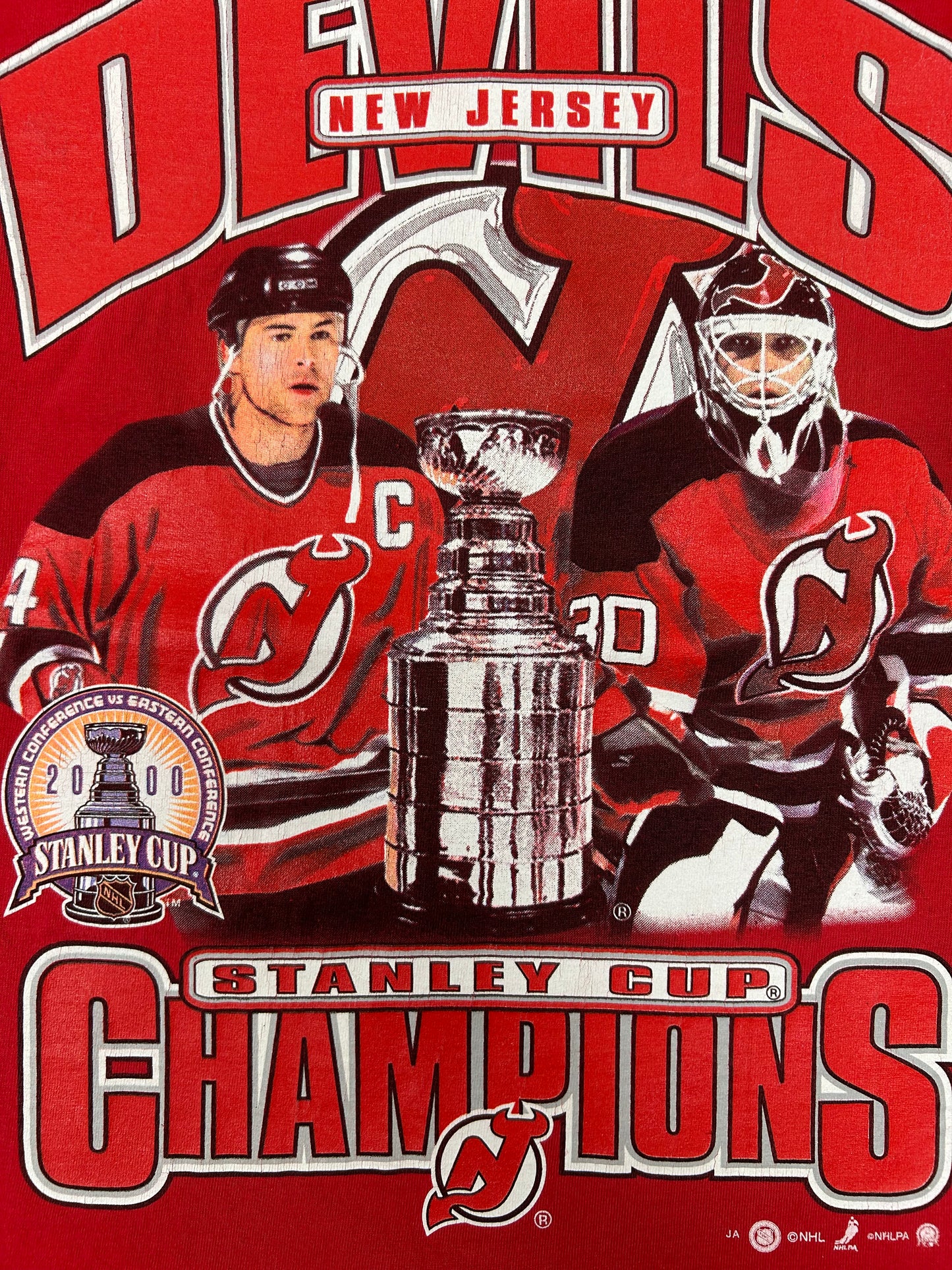 Vintage New Jersey Devils 2000 Stanley Cup Champions Tee Stevens & Brodeur 2XL 25.5x29.5 Inches