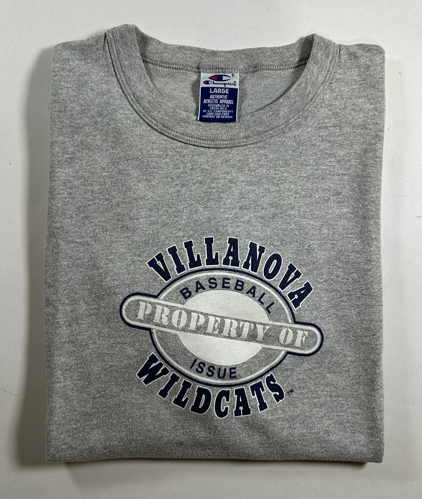 Vintage Champion Villanova Wildcats Baseball Issue Property Of College Tee Large 21.75x27.5 Inches Gray