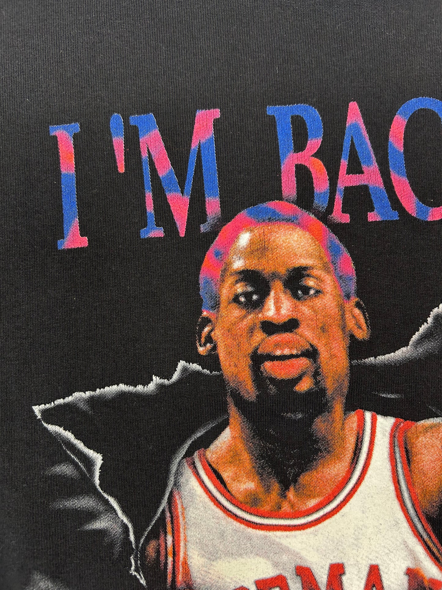 Vintage 1997 Dennis Rodman I’m Back Chicago Bulls Blue Hair Graphic Tee Medium 20.5x28.5 Inches