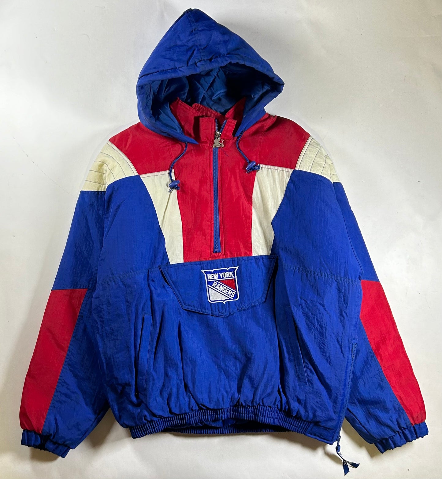 Vintage 90s Starter New York Rangers NHL Pullover Puffer Jacket Half Zip Hooded Jacket XL 29x30.25 Inches