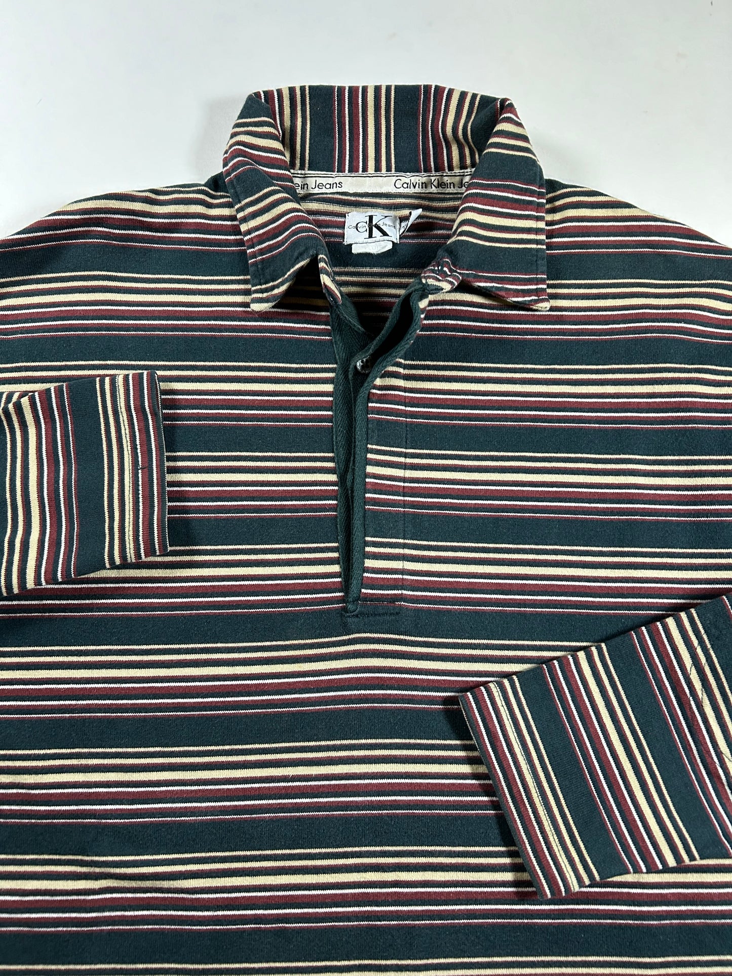 Vintage Calvin Klein Long Sleeve Striped Polo Shirt Rugby Style 22x30.25/31.5 Inches Mediumush Fit Tagged Small Fits Big