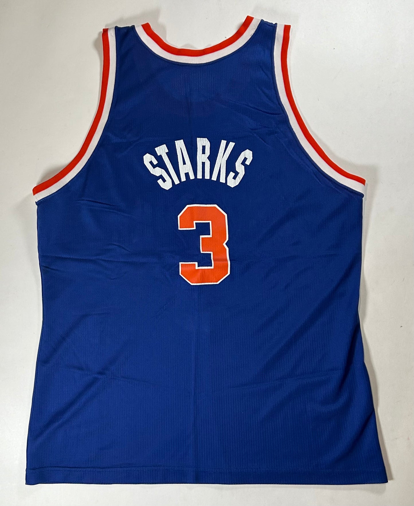 Vintage 90s Champion John Starks #3 New York Knicks NBA Felt Patch Jersey Blue 48 XL 23.5x32.5 Inches