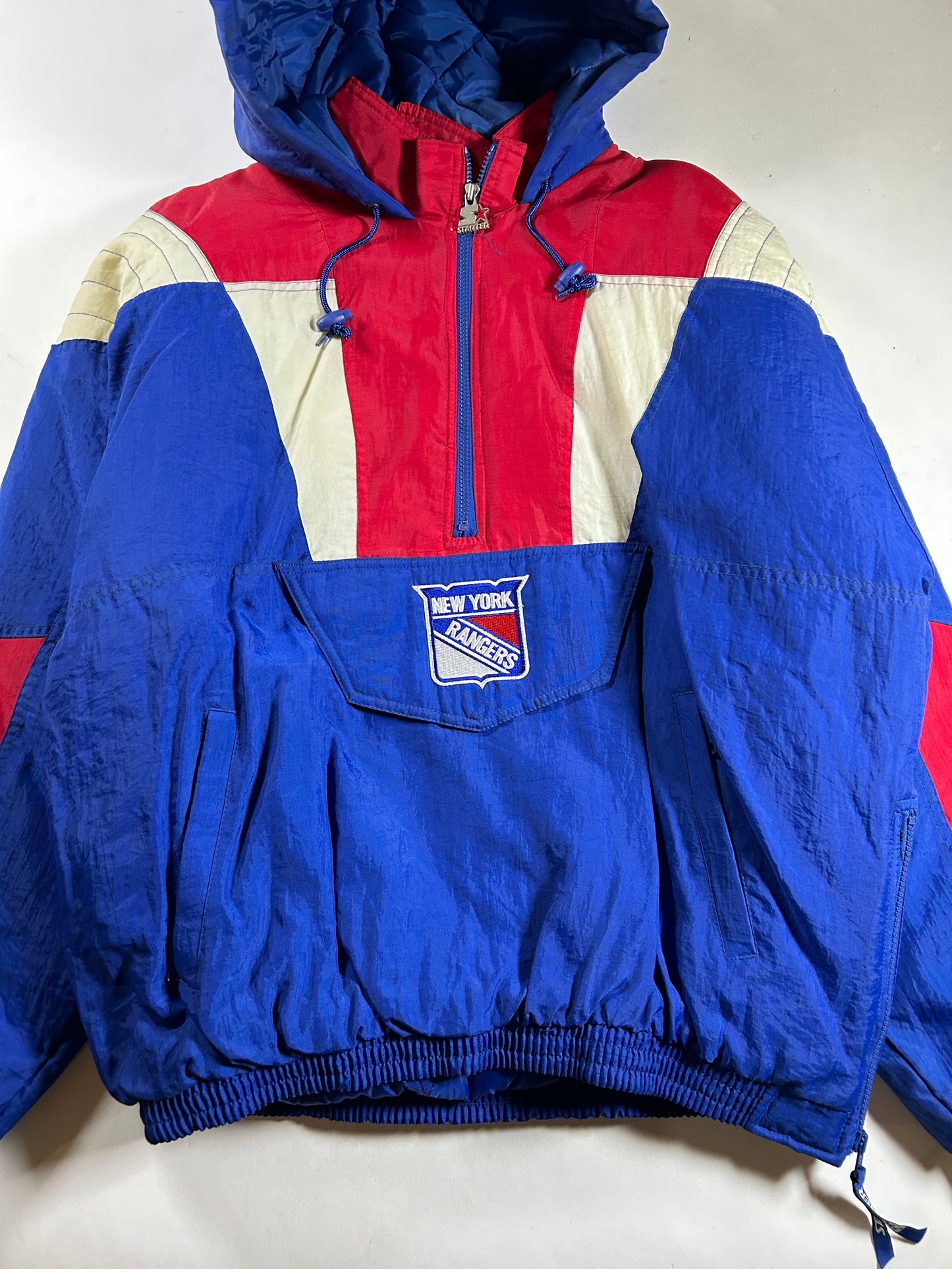 Vintage 90s Starter New York Rangers NHL Pullover Puffer Jacket Half Zip Hooded Jacket XL 29x30.25 Inches