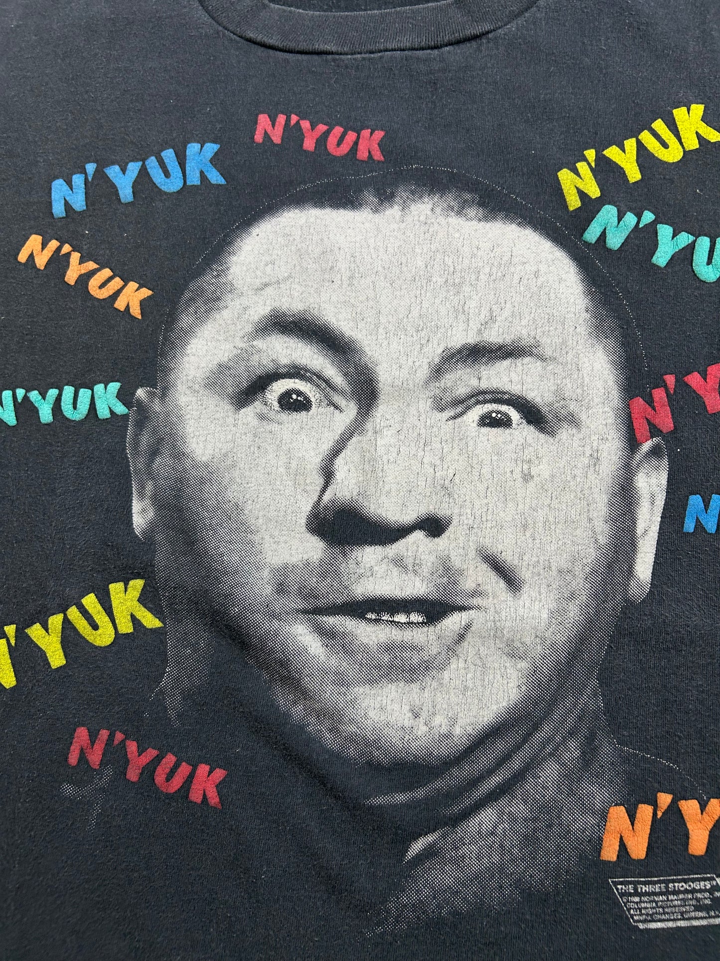Vintage 1988 The Three Stooges Curly Howard N’Yuk Comedy Tee XL 23.75x29 Inches