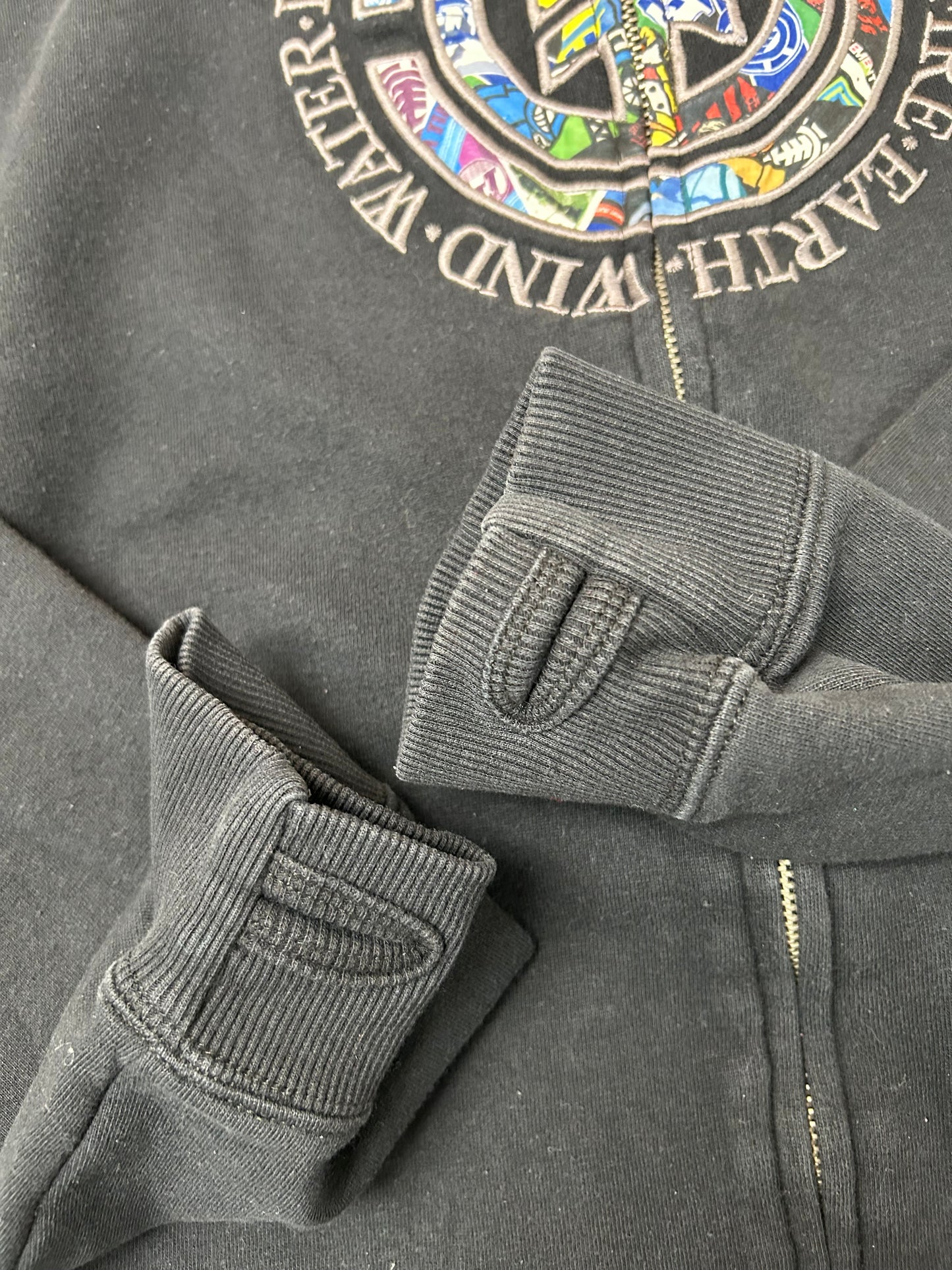 Vintage 00s Element Skatboards Earth•Wind•Water•Fire Collage Print Zip Up Hooded Sweatshirt XL/L Fit 24.25x30.25 Inches