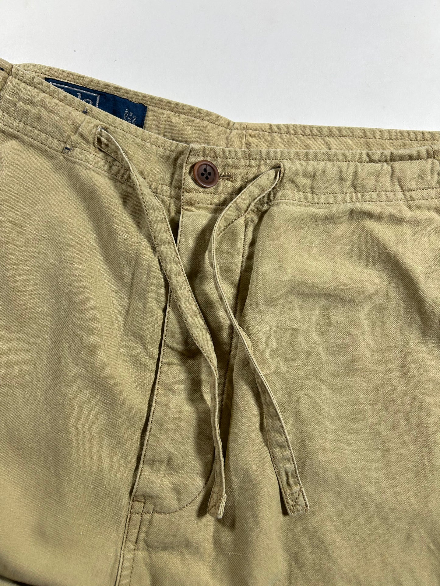 Vintage Polo Ralph Lauren Cargo Shorts Linen Silk Beige Drawstring Military Size 30 16.5x22.5 Inches