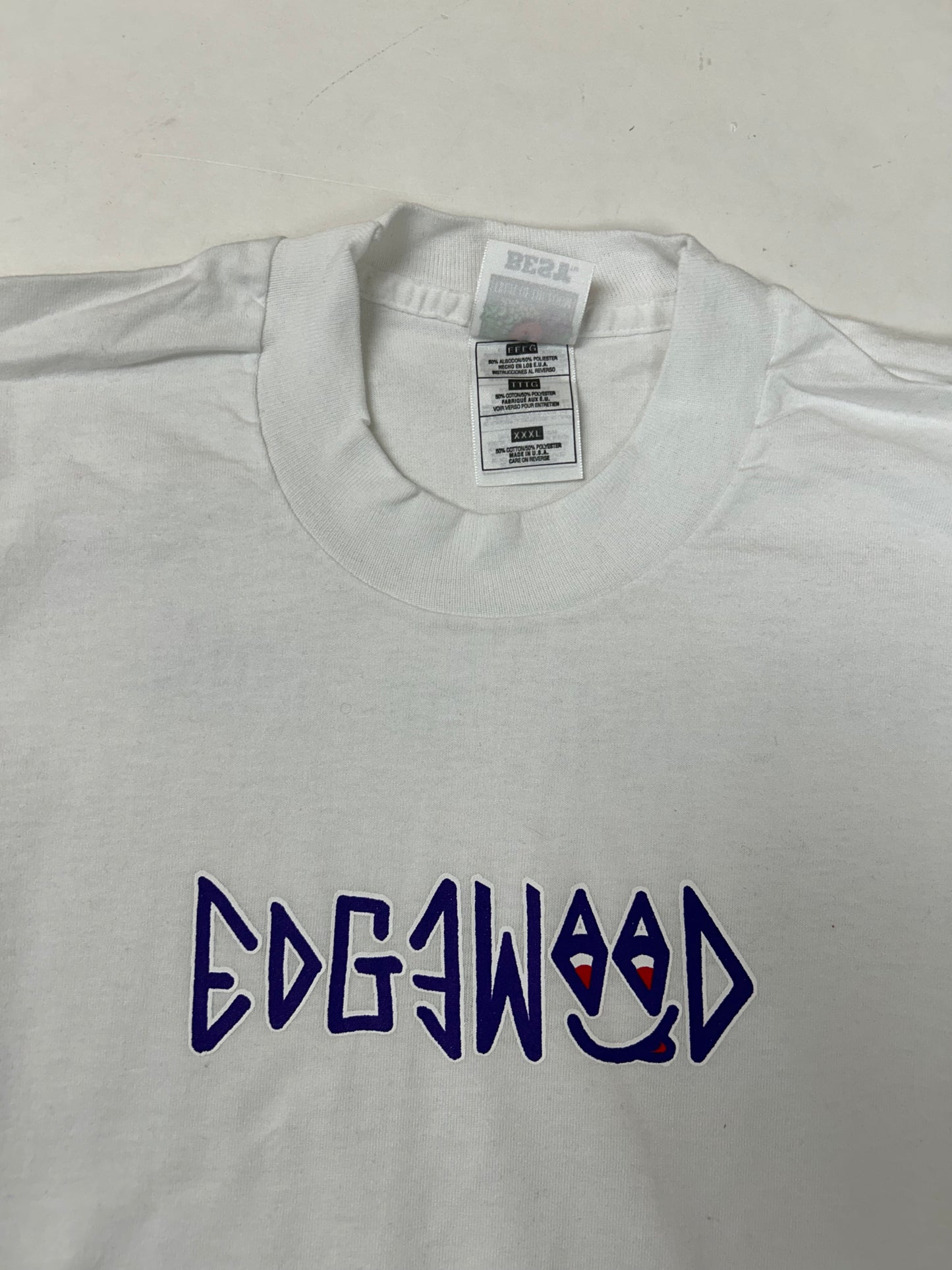 Edgewood NJ first edition “Deeper Than The Roots.” Tee 2XL Fit 26.25x30.25 Inches 90s Fruit Of The Loom 50/50 Blend USA White