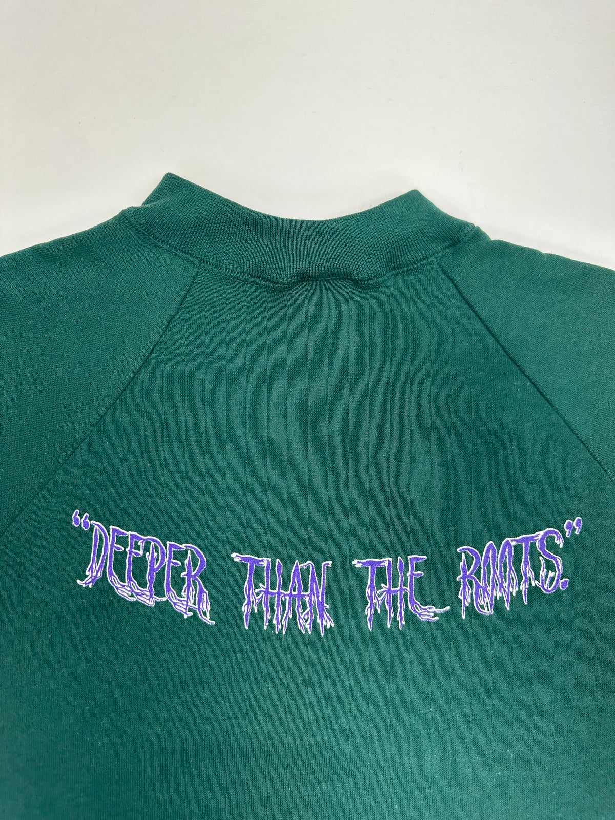 Edgewood NJ “Deeper Than The Roots.” First Edition Crewneck Sweatshirt Tagged Medium Can Fit Small 20x25.5 Forest Green Sunbelt Raglan Style USA 50/50
