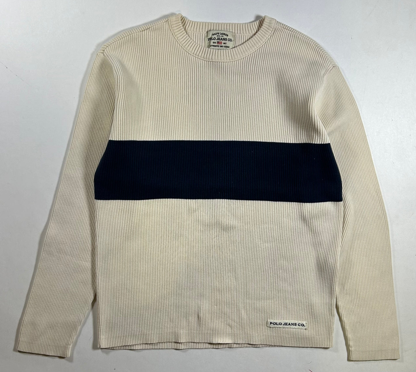 Vintage Polo Jeans Co Ralph Lauren Ribbed Cotton Sweater Cream Navy Stripe Small 20.25x24.25 Inches