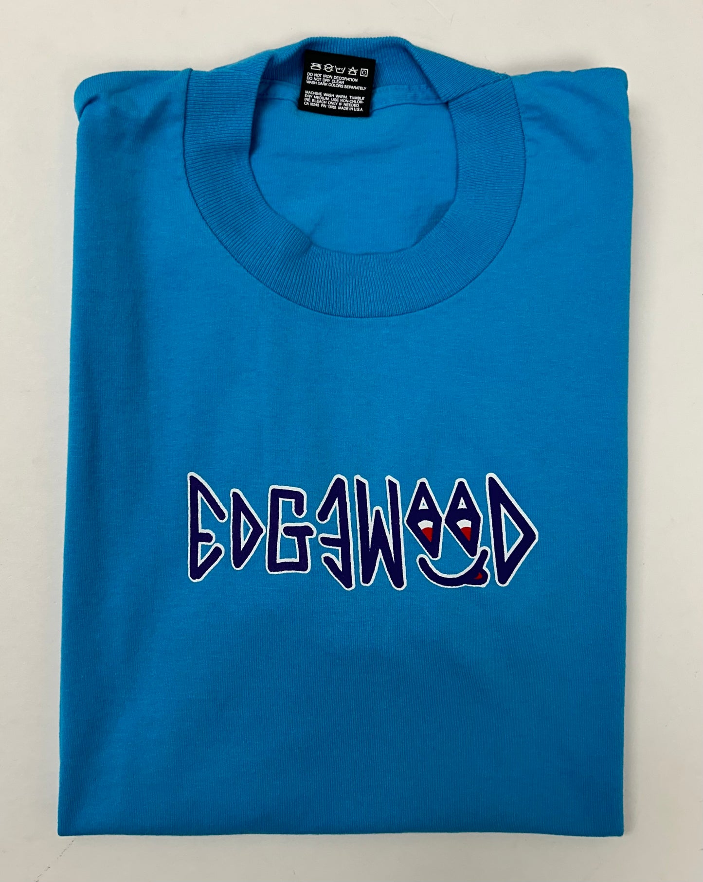 Edgewood NJ first edition “Deeper Than The Roots.” Tee Medium 19.25x28.74 Inches 90s FOTL BEST 50% Cotton 50% Polyester USA Bright Blue