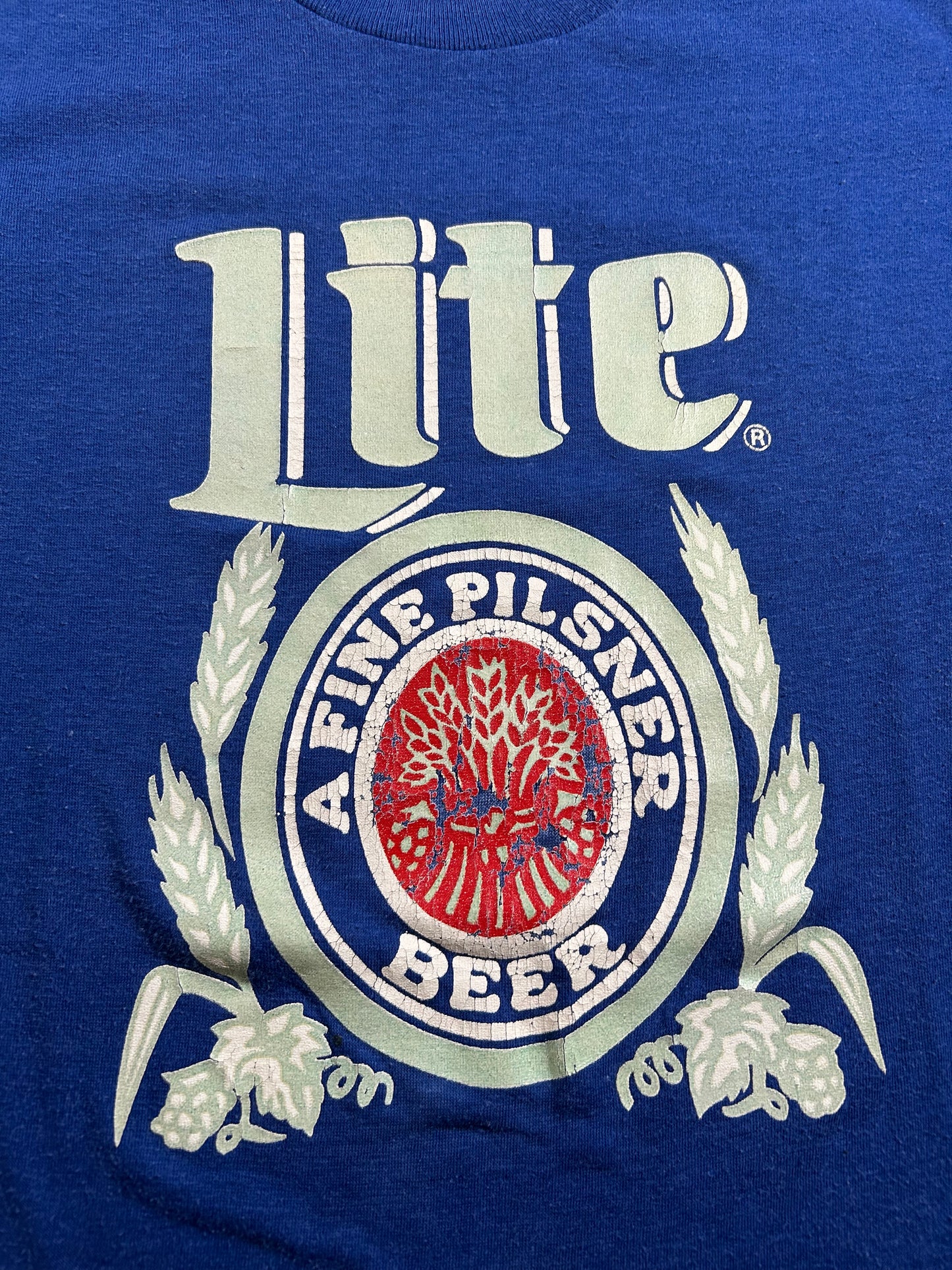 Vintage 80s Miller Lite A Fine Pilsner Beer Promo Tee Logo 7 Tag Small Fit 17x26.75 Inches