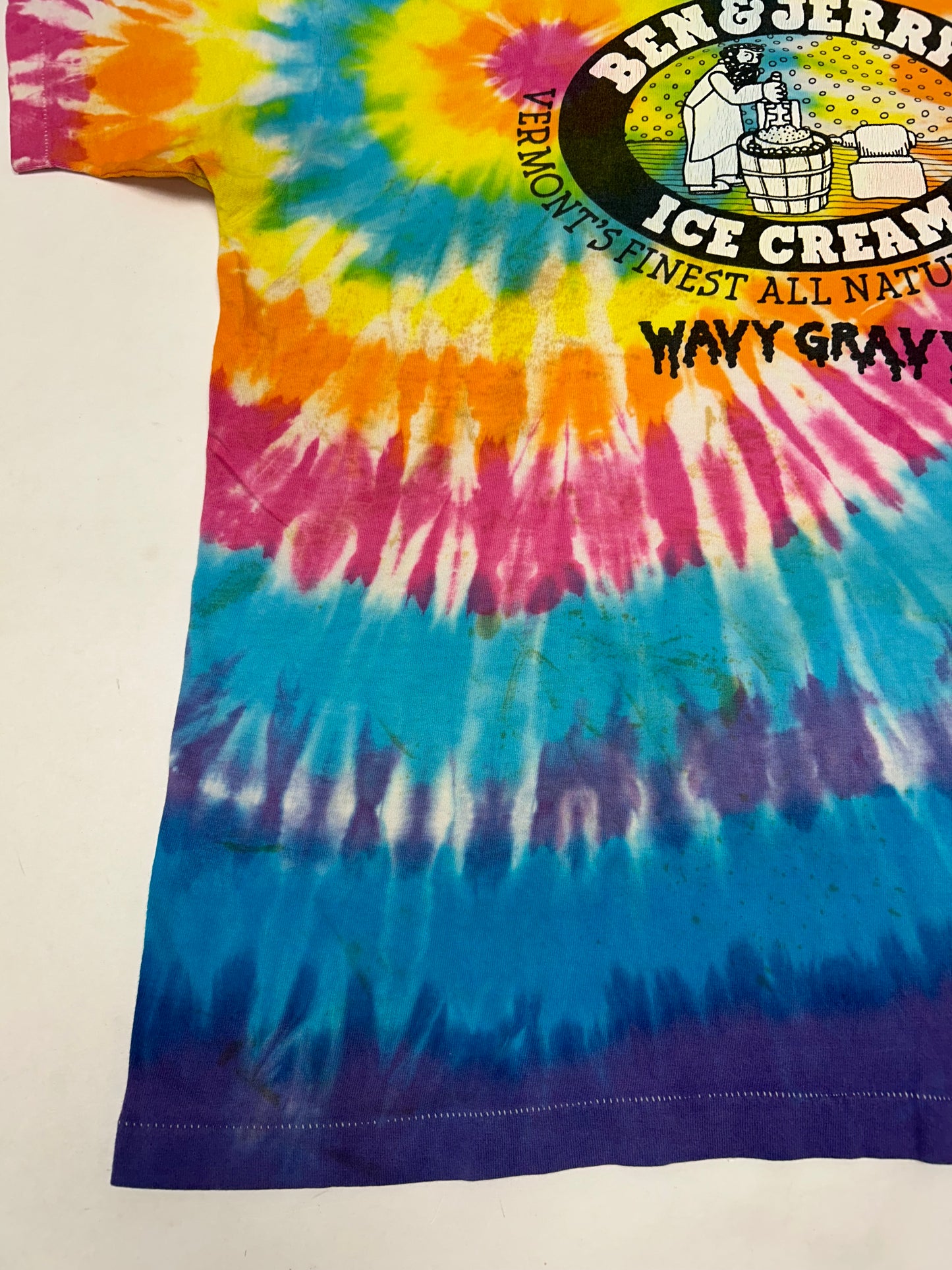 Vintage 90s Ben and Jerrys Wavy Gravy Ice Cream Tie Dye Tee Stained As Is XL 24.5s29.5 Inches