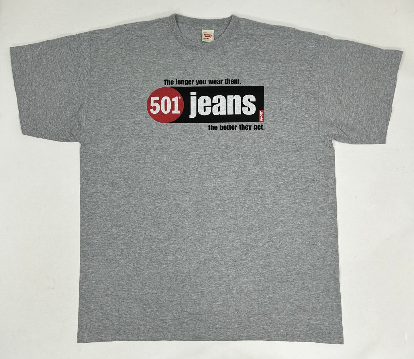 Vintage Levi's 501 Jeans Shirt The Longer You Wear Them The Better They Get Tee 2XL Fit 26.5x33.25 Inches
