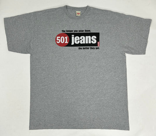 Vintage Levi's 501 Jeans Shirt The Longer You Wear Them The Better They Get Tee 2XL Fit 26.5x33.25 Inches