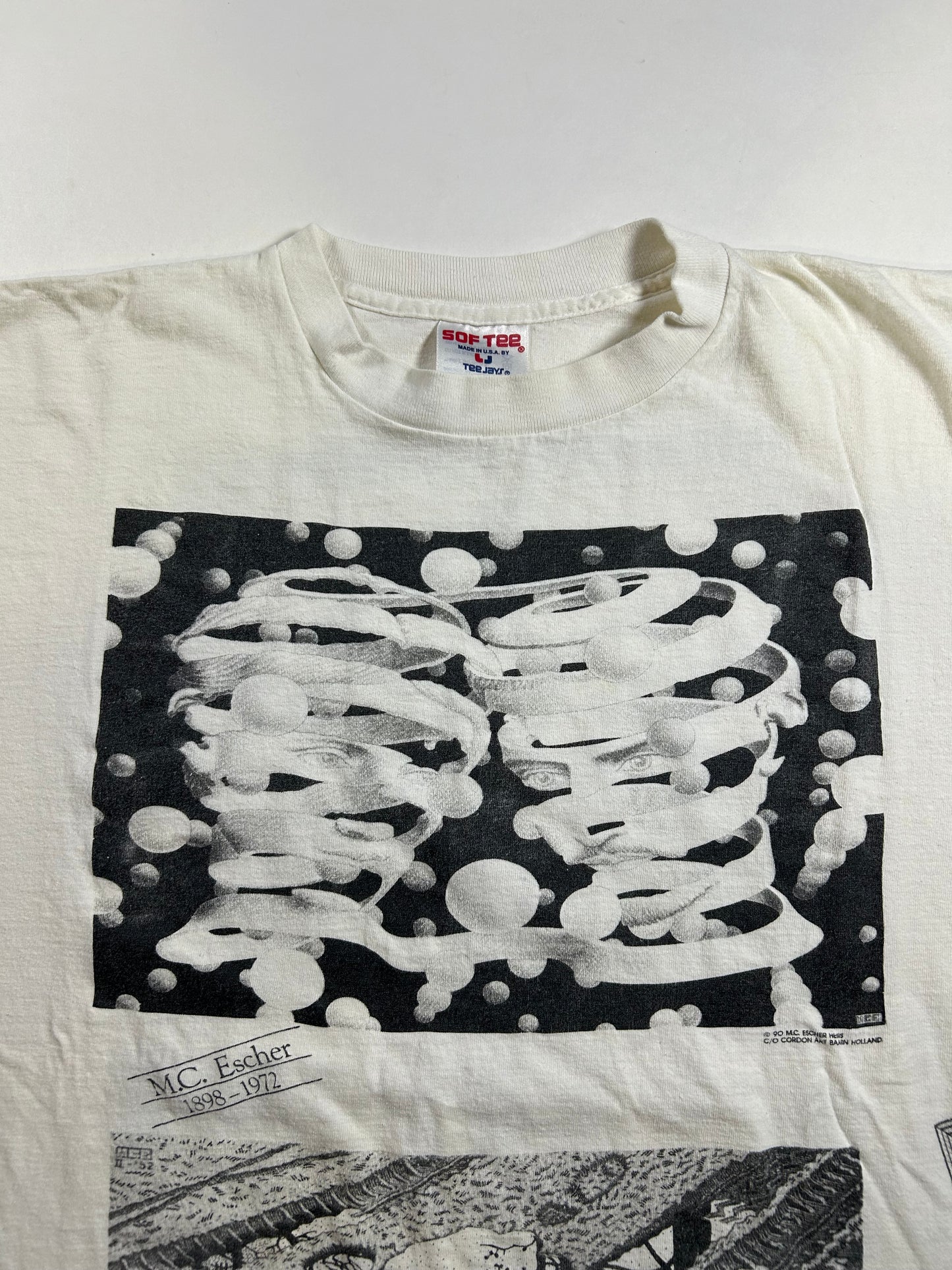 Vintage 1990 M.C. Escher Shirt White All Over Rare Print Art Single Stitch 23x27.75 Inches As Is
