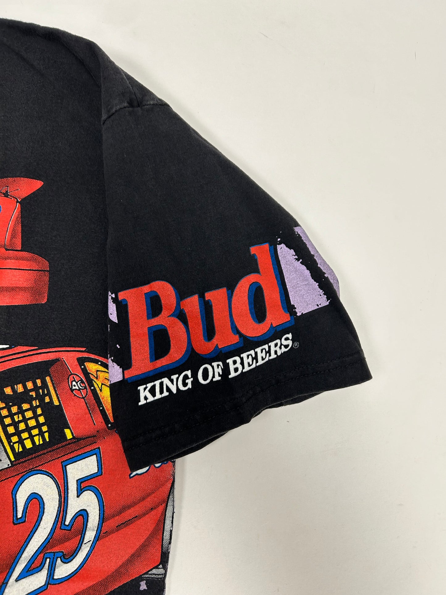 Vintage 90s Ken Schrader Bud Racing Budweiser NASCAR All Over Print AOP Tee Large 22.25x30.25 Inches