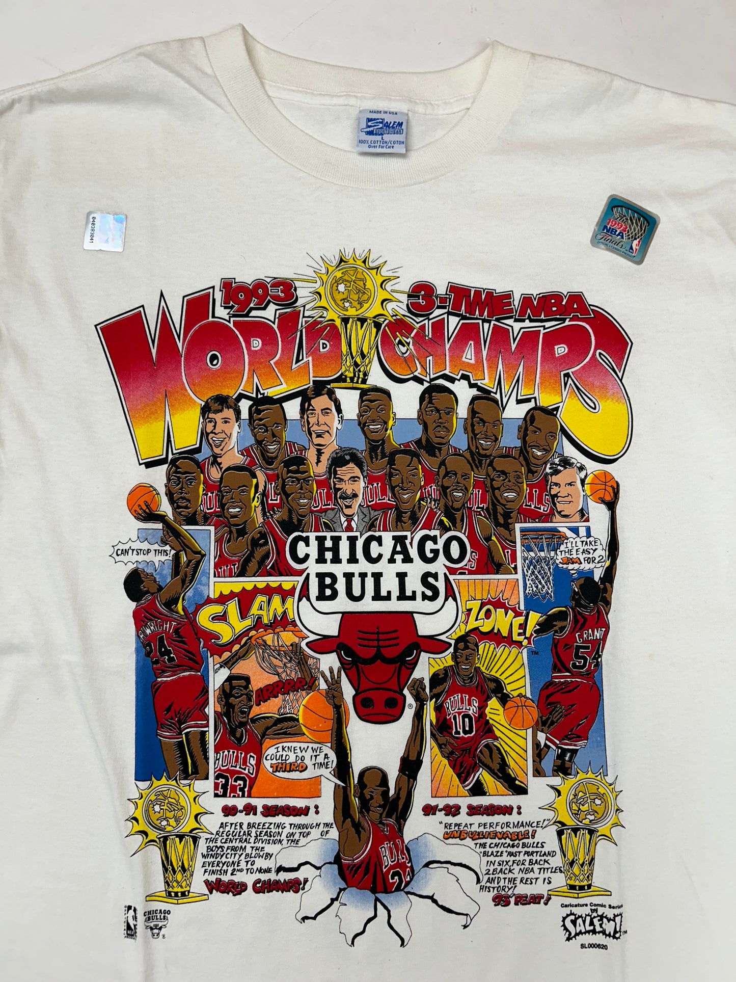 Vintage 1993 Chicago Bulls 3 Time NBA World Champs Caritcure Team Comic Strip Salem Sportswear Tee DS New With Sticker Large