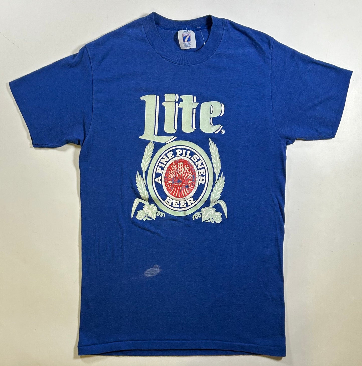 Vintage 80s Miller Lite A Fine Pilsner Beer Promo Tee Logo 7 Tag Small Fit 17x26.75 Inches