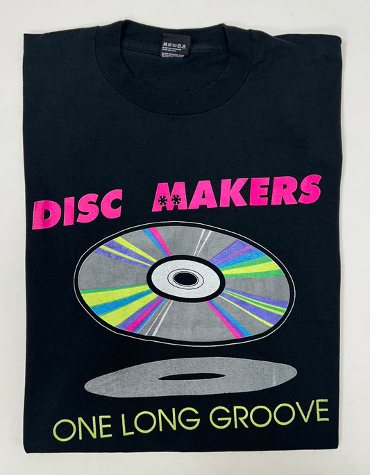 Vintage Disc Makers One Long Groove T-Shirt Black Single Stitch CD Music Tee XL 23.25x28.75 Inches
