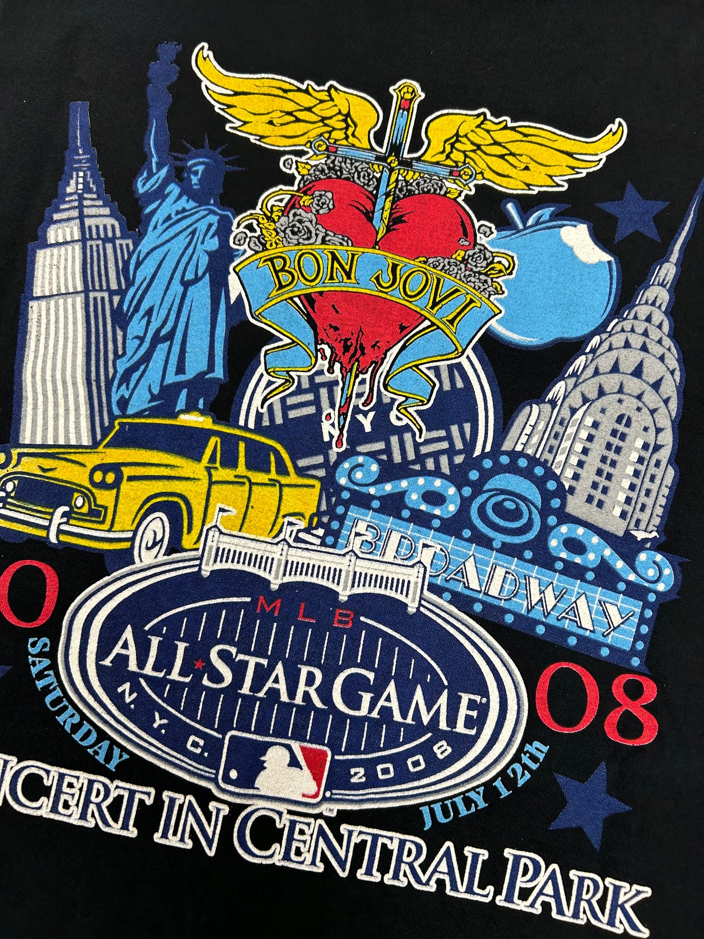 Bon Jovi 2008 MLB All Star Game Concert In Central Park Music Band Tour Tee Small/Medium Fit 19x28.25 Inxhes