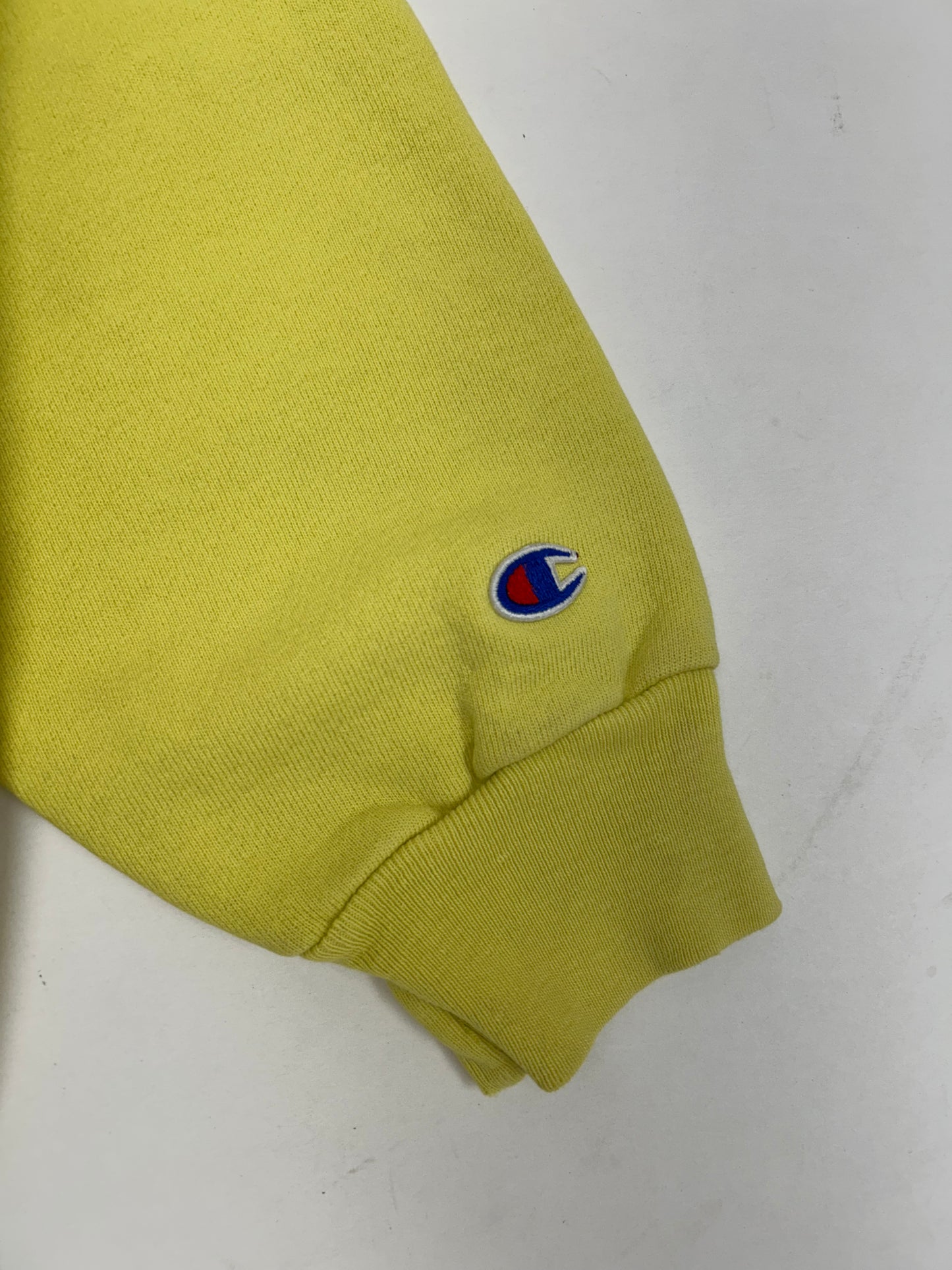 Vintage Champion Chest Script Logo Crewneck Sweatshirt Worn In Well Yellow USA Boxy Fit M/L 24.5x25 Inches As Is