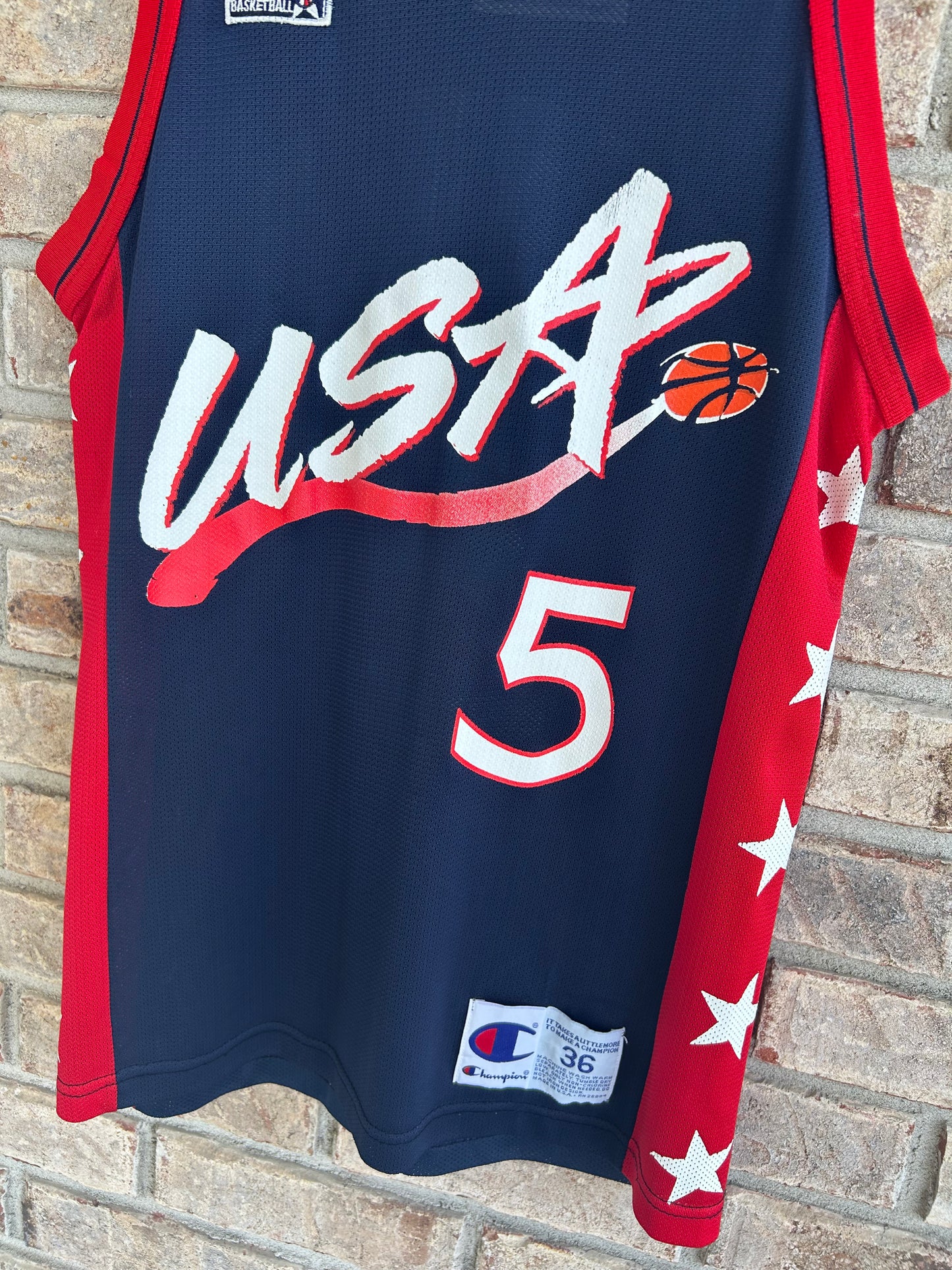 Vintage 90s Champion Team USA Grant Hill #5 Men’s Basketball Jersey Adult Small 36 17.25x27.75 Inches
