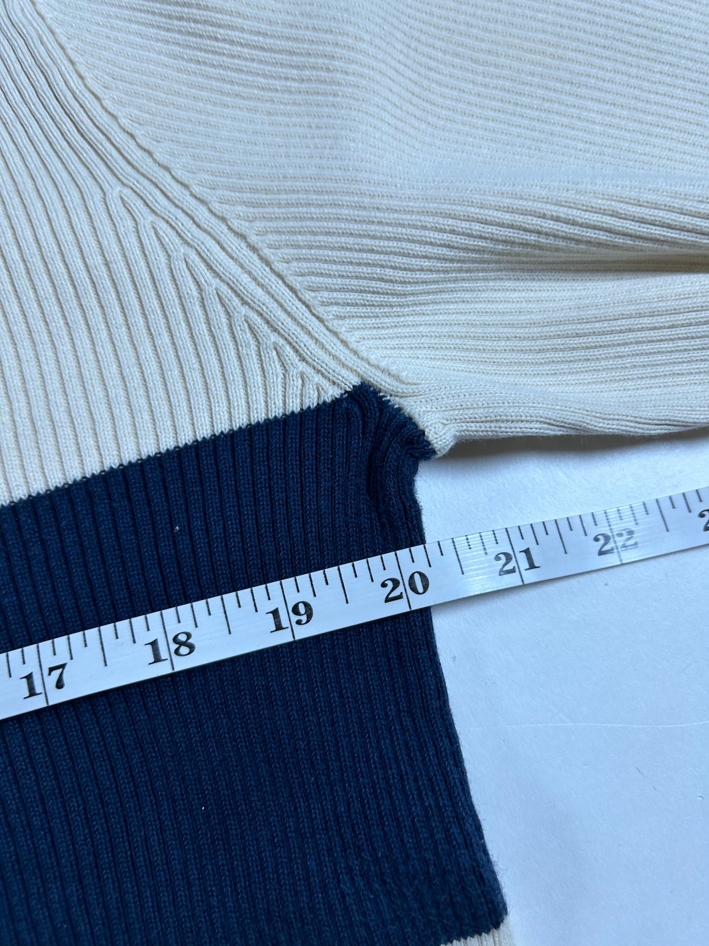 Vintage Polo Jeans Co Ralph Lauren Ribbed Cotton Sweater Cream Navy Stripe Small 20.25x24.25 Inches