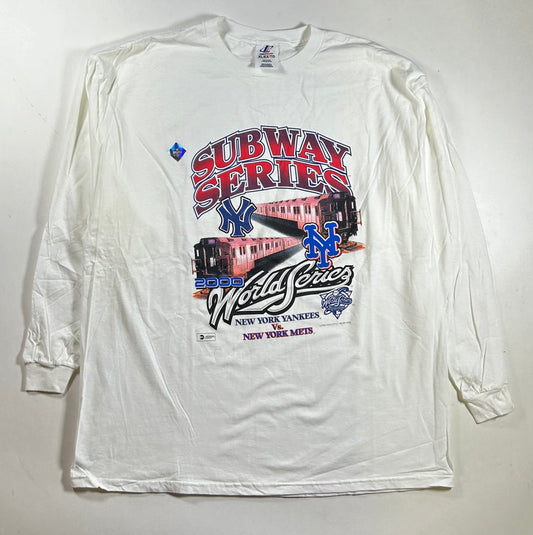Brand New Vintage Logo Athletic New York Yankees Vs. New York Mets 2000 Subway Series World Series Championship Matchup Long Sleeve Tee Big XL Fit 25.75x32.5 Inches