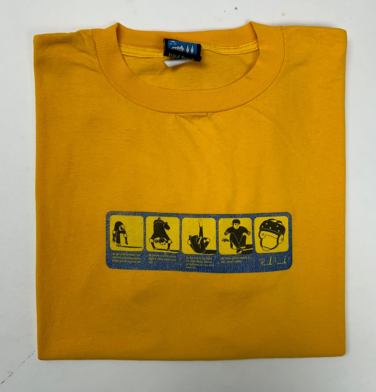Vintage Paul Frank Skateboarding Sequence Skate Tee Yellow L/XL 24.5x28.25 Inches As Is Worn