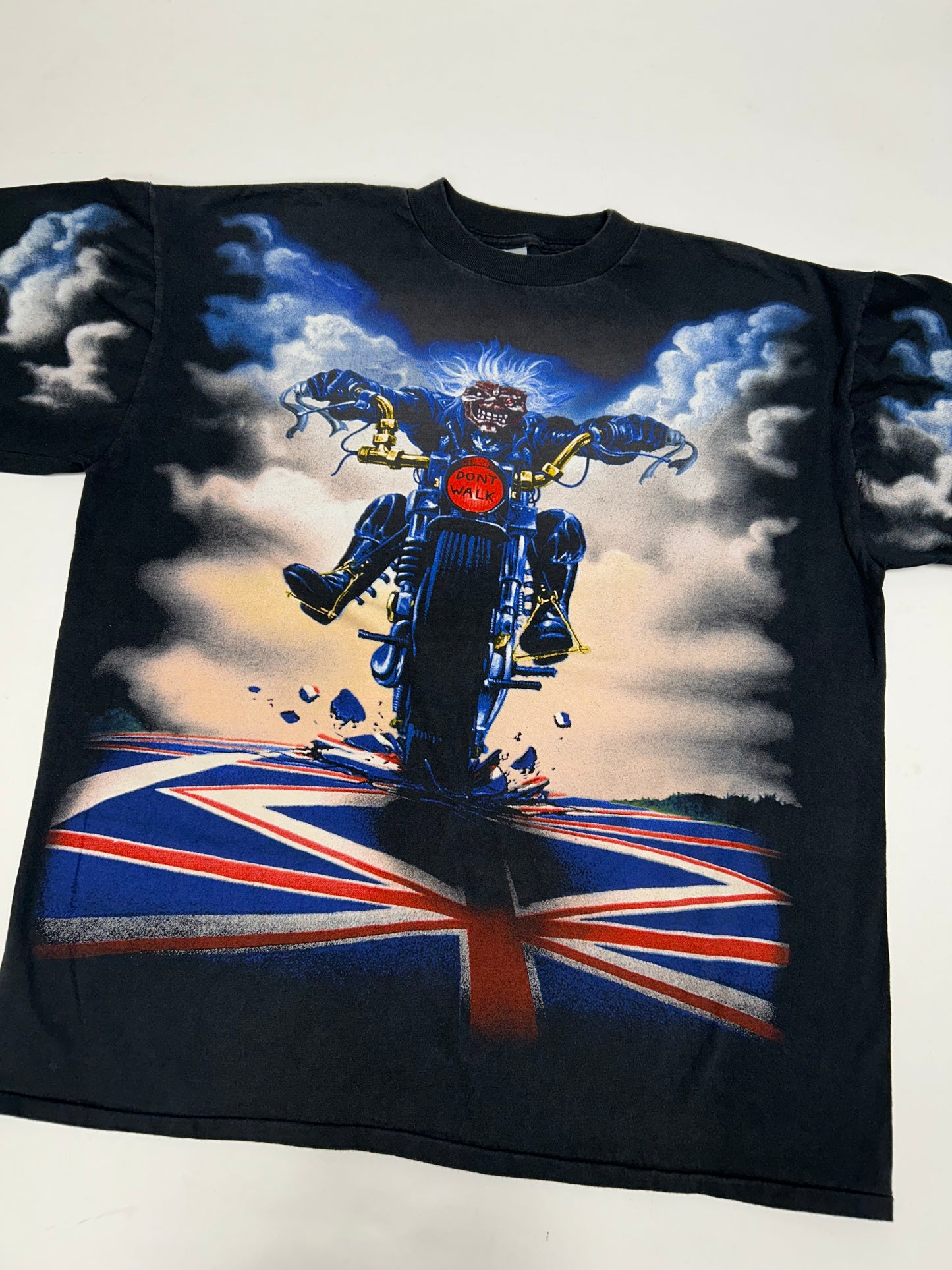 Vintage Iron Maiden Don’t Walk Eddie Motorcycle Graphic Music Band AOP Graphic Tee XL 24.5x28.5 Inches Tultex Tag