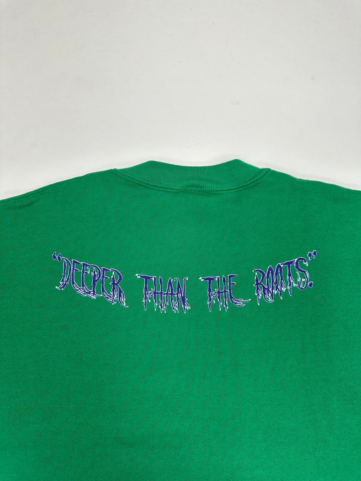 Edgewood NJ “Deeper Than The Roots.” First Edition Crewneck Sweatshirt Tagged Youth Large 90s Russell Athletic 50/50 Blend Made In USA DS Kelley Green 19.5x24