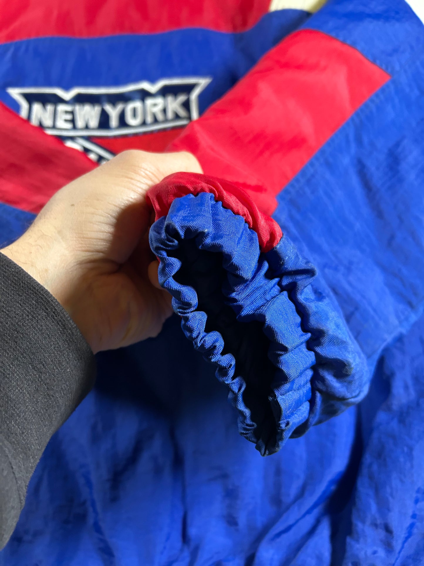 Vintage 90s Starter New York Rangers NHL Pullover Puffer Jacket Half Zip Hooded Jacket XL 29x30.25 Inches