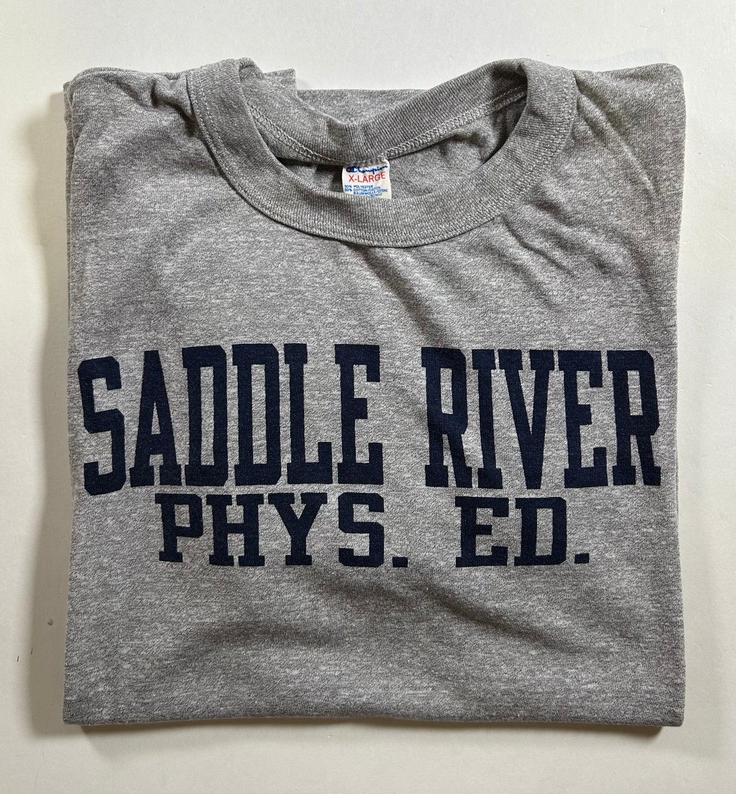Vintage Champion Saddle River Phys. Ed. Gym Graphic Tee Gray 80s USA 50/50 21.75x26.25 Inches