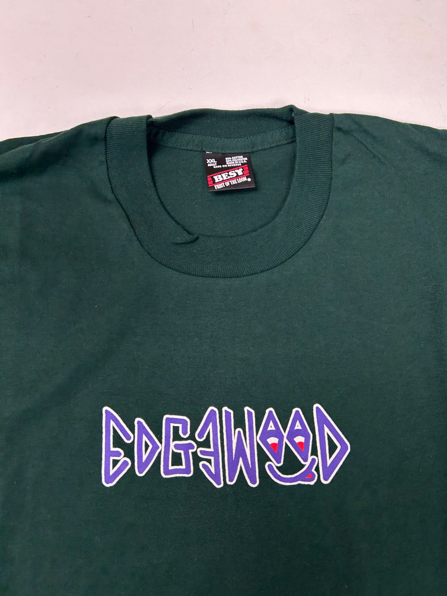 Edgewood NJ first edition “Deeper Than The Roots.” Tee 2XL 90s Fruit Of The Loom USA 50/50 Blend Dark Forest Green