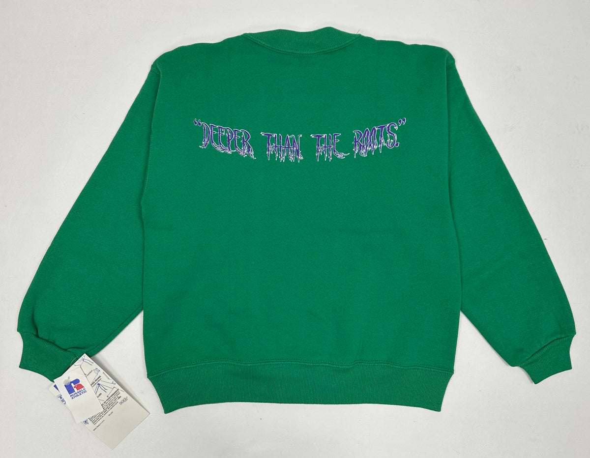 Edgewood NJ “Deeper Than The Roots.” First Edition Crewneck Sweatshirt Tagged Youth Small 90s Russell Athletic 50/50 Blend Made In USA DS Kelley Green 17x19