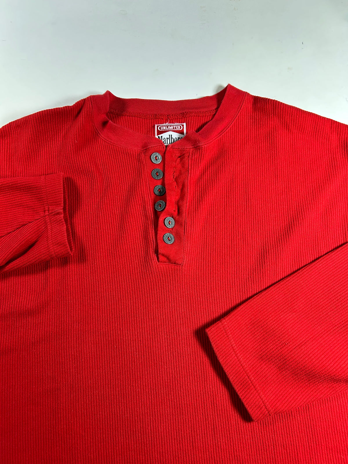 Vintage 90s Marlboro Unlimited Thermal Red Ribbed Cotton Pullover Henley XL 24.75x28.25 Inches