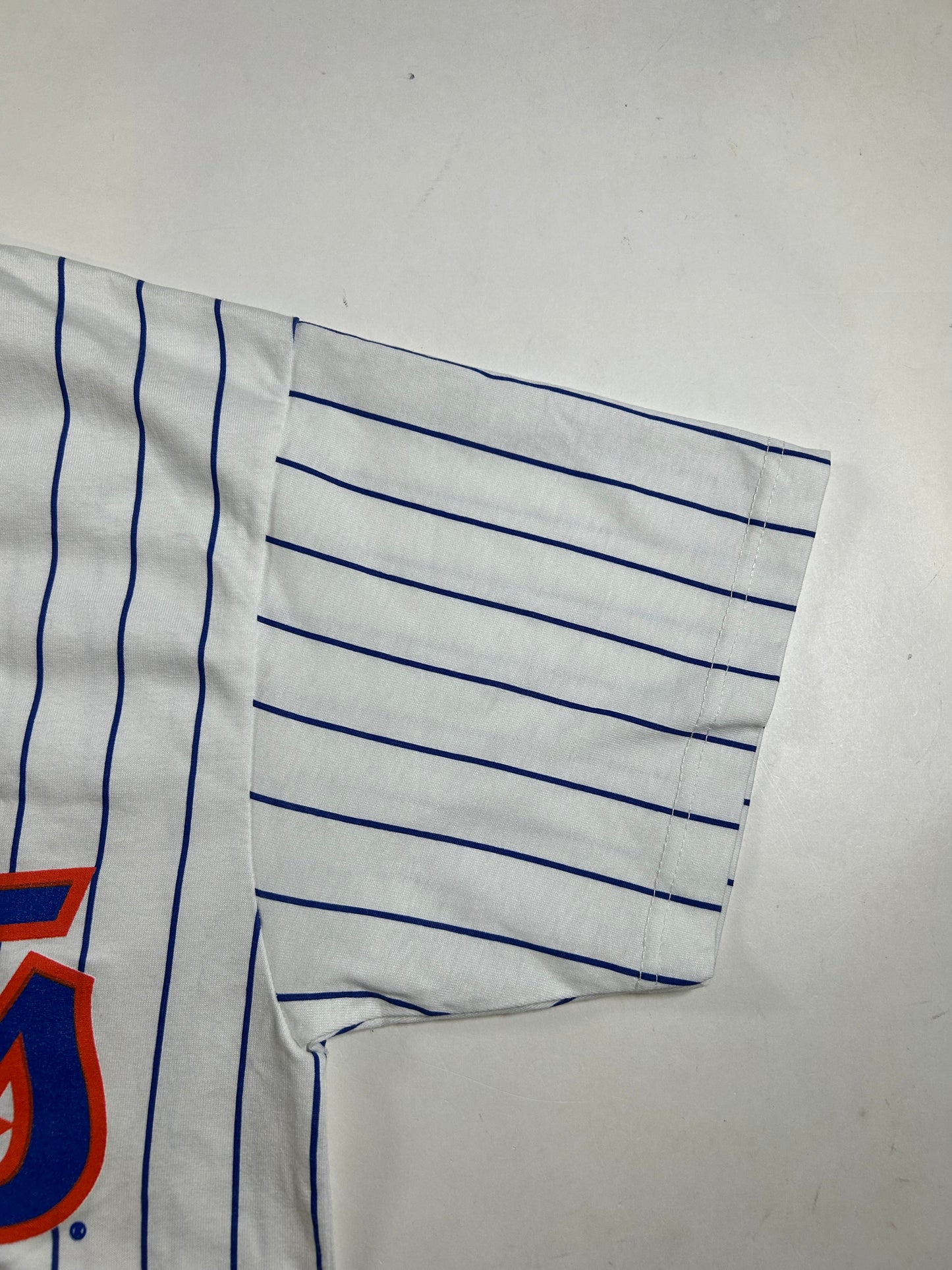 Vintage 90s Russell Athletic New York Mets MLB Pinstripe Baseball Jersey Style Tee Medium 20x29.5 Inches Small Spot