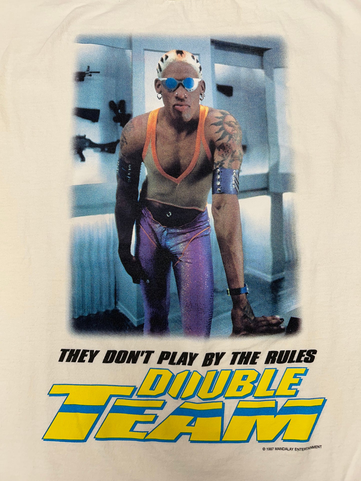Vintage 1997 Dennis Rodman Double Team Movie Promo Action Movie Shirt Rare Large 21.25x29.25 Inches White