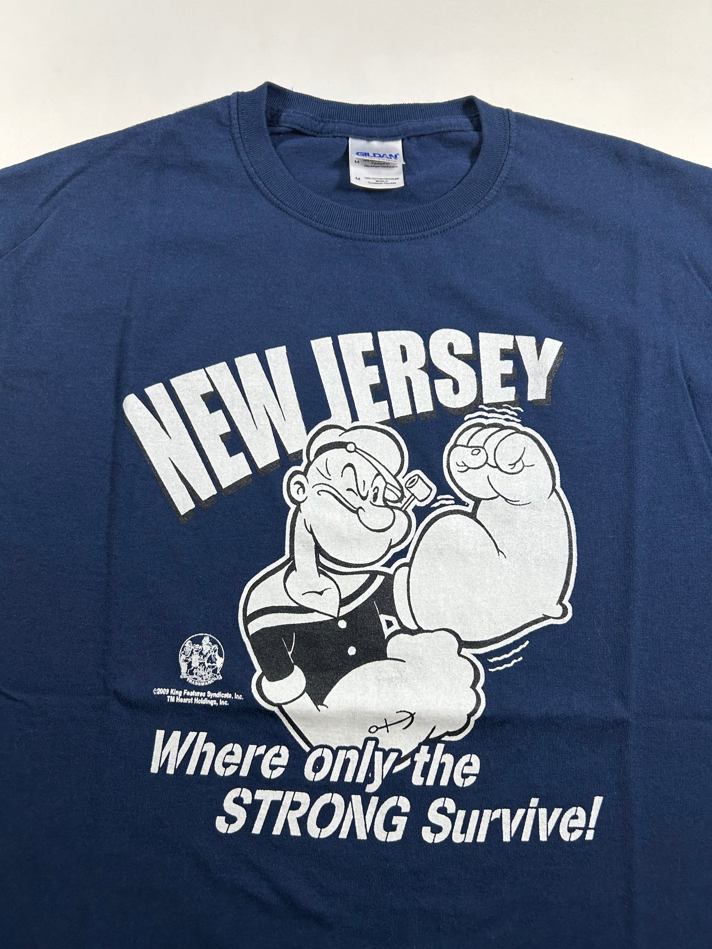 Vintage 2009 Popeye New Jersey Where Only The Strong Survive Tee Medium 20x27.75 Inches Navy