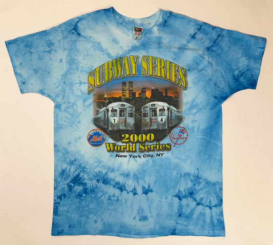 Vintage Subway Series 2000 New York Yankees Vs New York Mets Twin Towers Front & New York Giants SuperBowl XXXV Tee XL 23.25x30.75 Inches Blue Tie-Dye