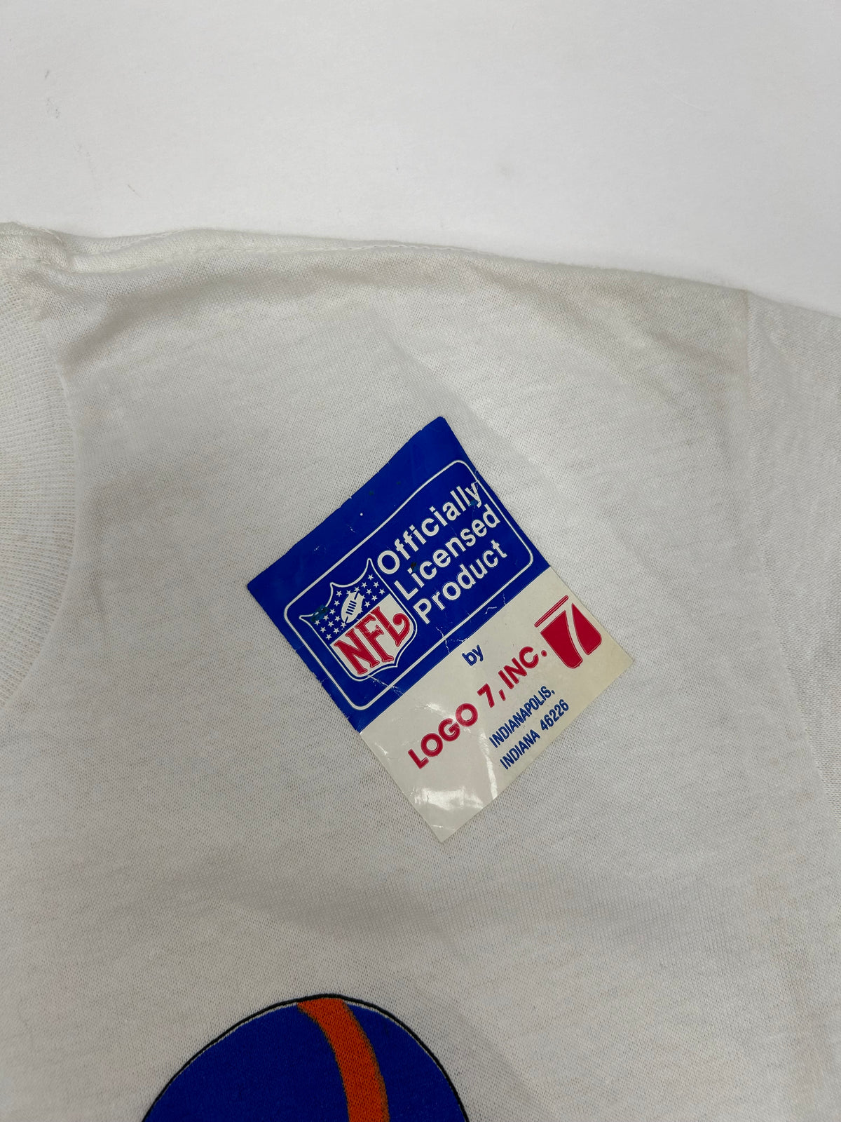 Vintage Logo 7 1987 Denver Broncos Rockymontus Milehighus NFL Tee Small/Med Fit 18.75x27.75 Inches DS Brand New As Is