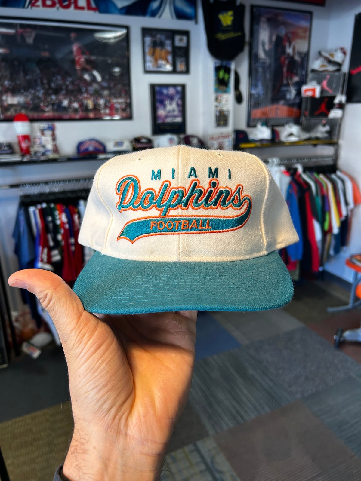 Vintage Miami Dolphins Football NFL Script Snapback Hat Starter Rare 90s Wool