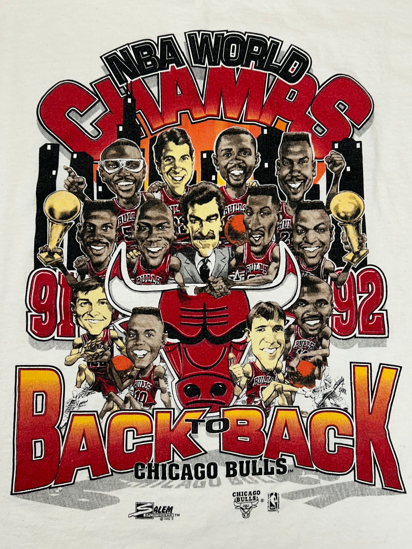 Vintage 1992 Chicago Bulls 2 Time NBA World Champs Caritcure Team Salem Sportswear Graphic Tee Large/Medium Fit 20.75x Inches
